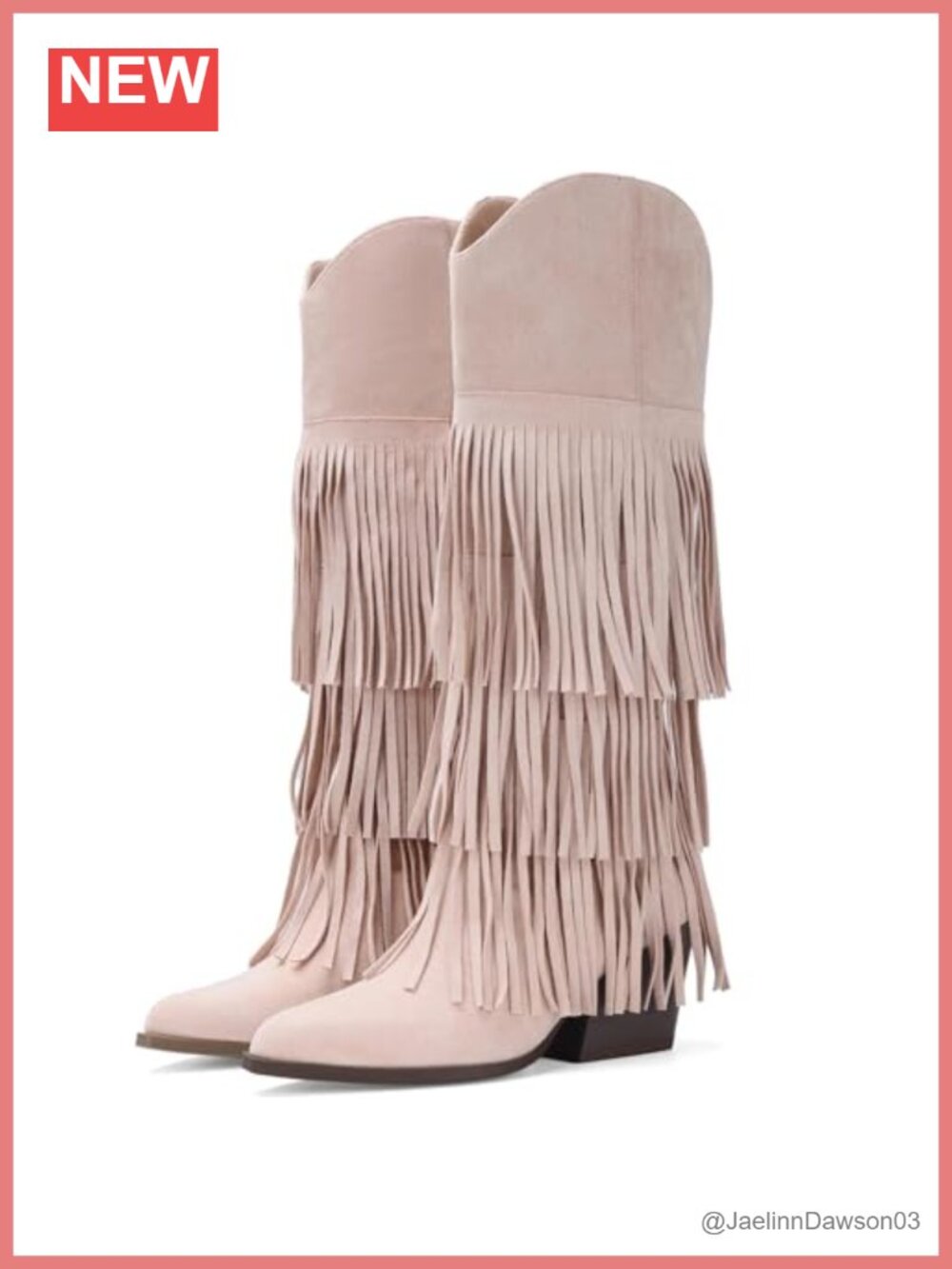 Faux Suede Fringe Cowboy Boots Mid Calf Block Heel Pull On